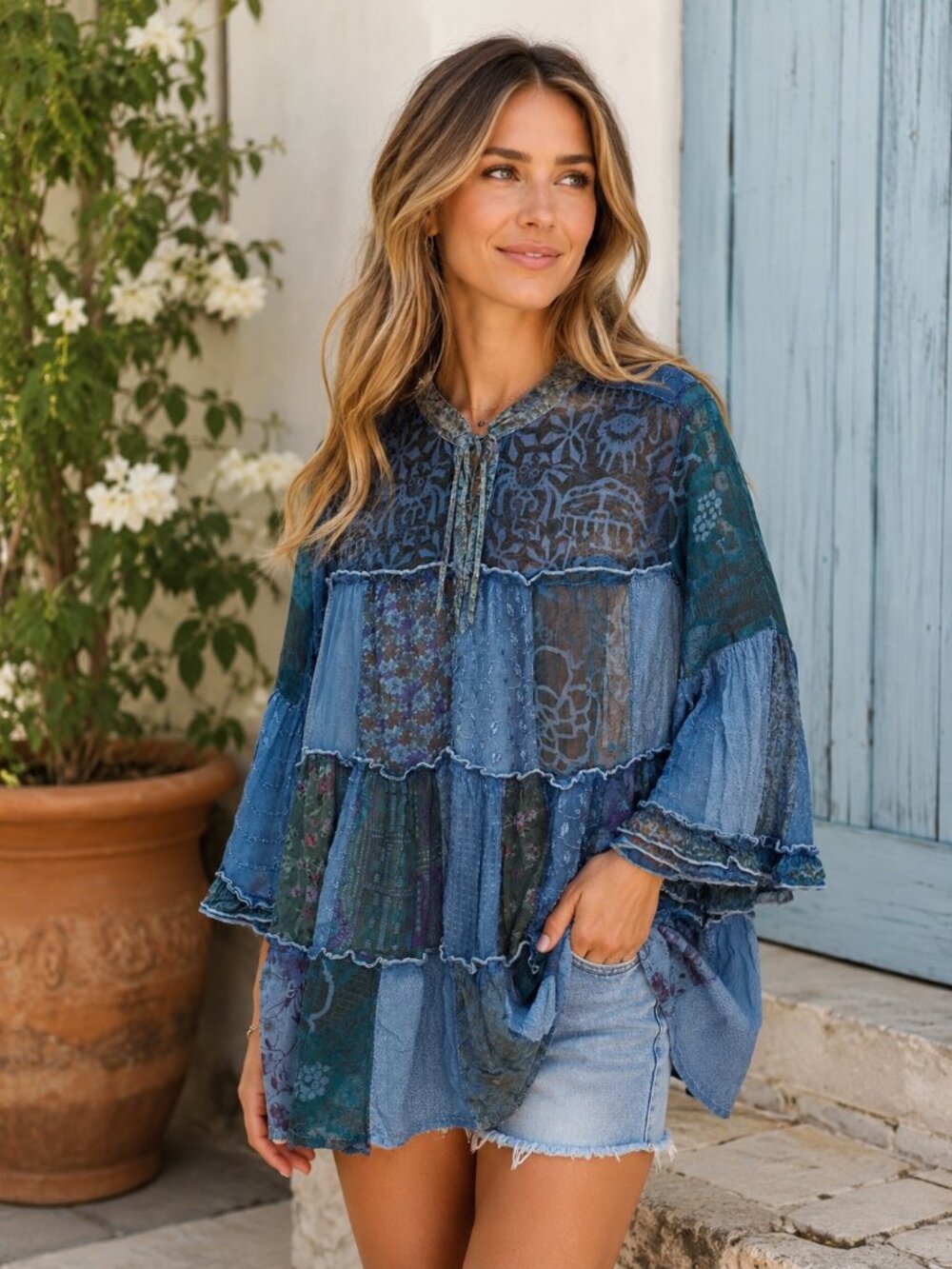 Young Threads Blue Boho Patchwork Sheer Embroidered Tunic Top Size Small
